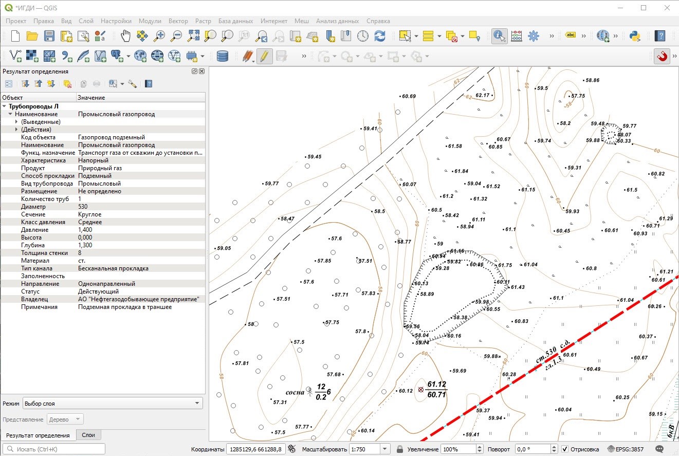 Тот же инженерный объект на карте в QGIS